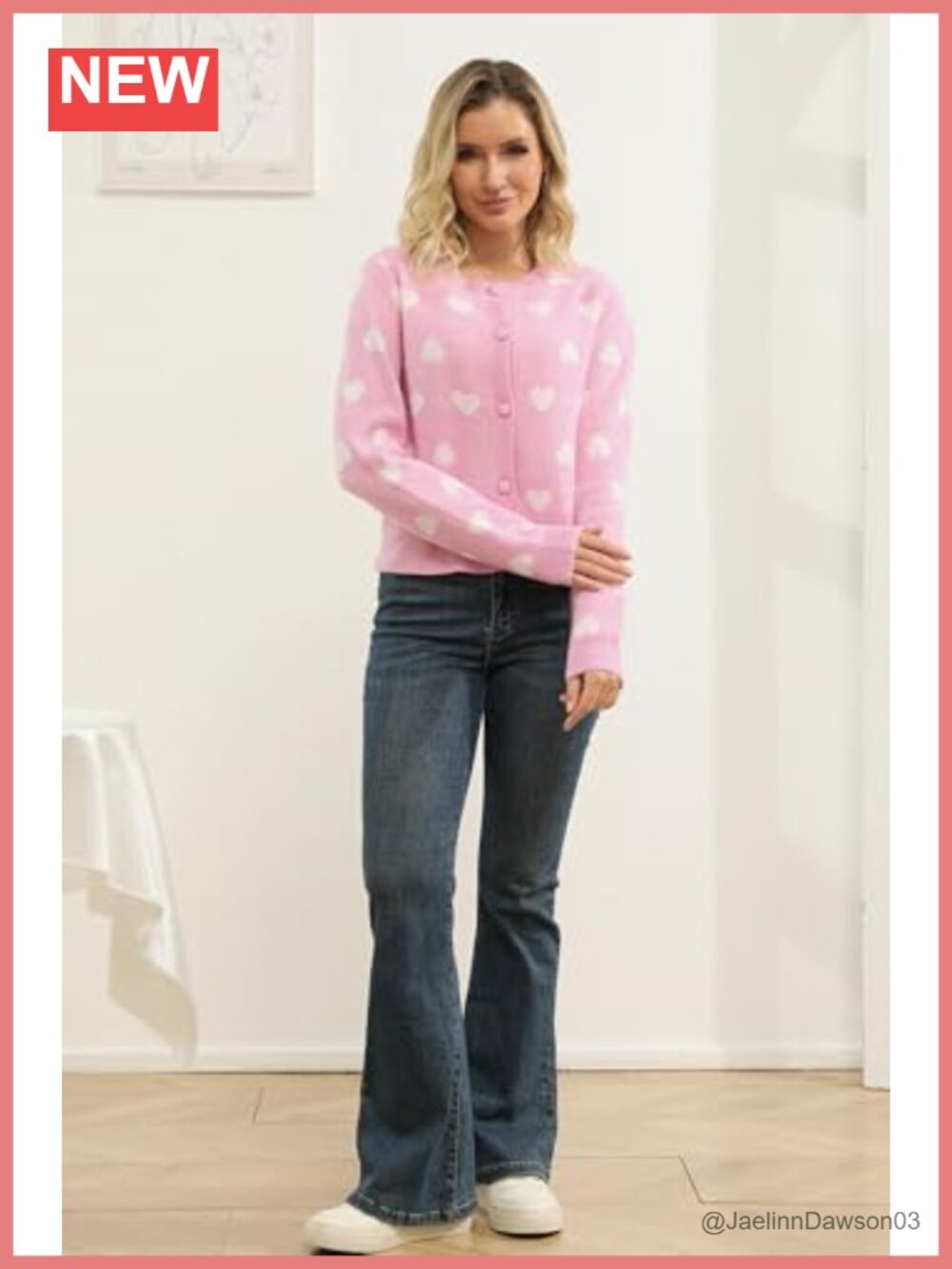 Women's Heart Cardigan Cropped Button Down Crewneck Long Sleeve Knit Sweater - Picture 6 of 6